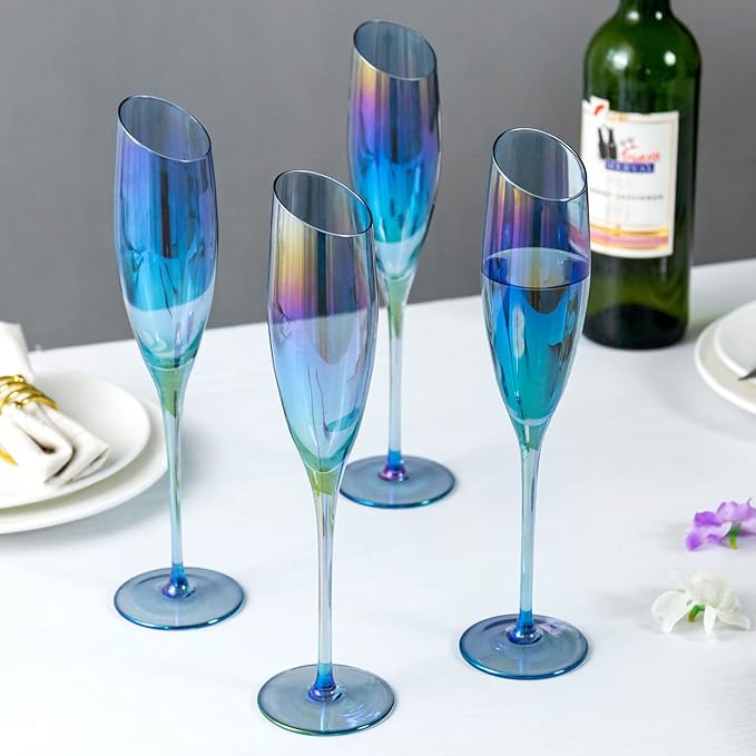 Modern Angled Rim Blue Iridescent Glass Stemware Bachelorette Champagne Glasses, Wedding Toasting Sparkling Wine Glass, Set of 4