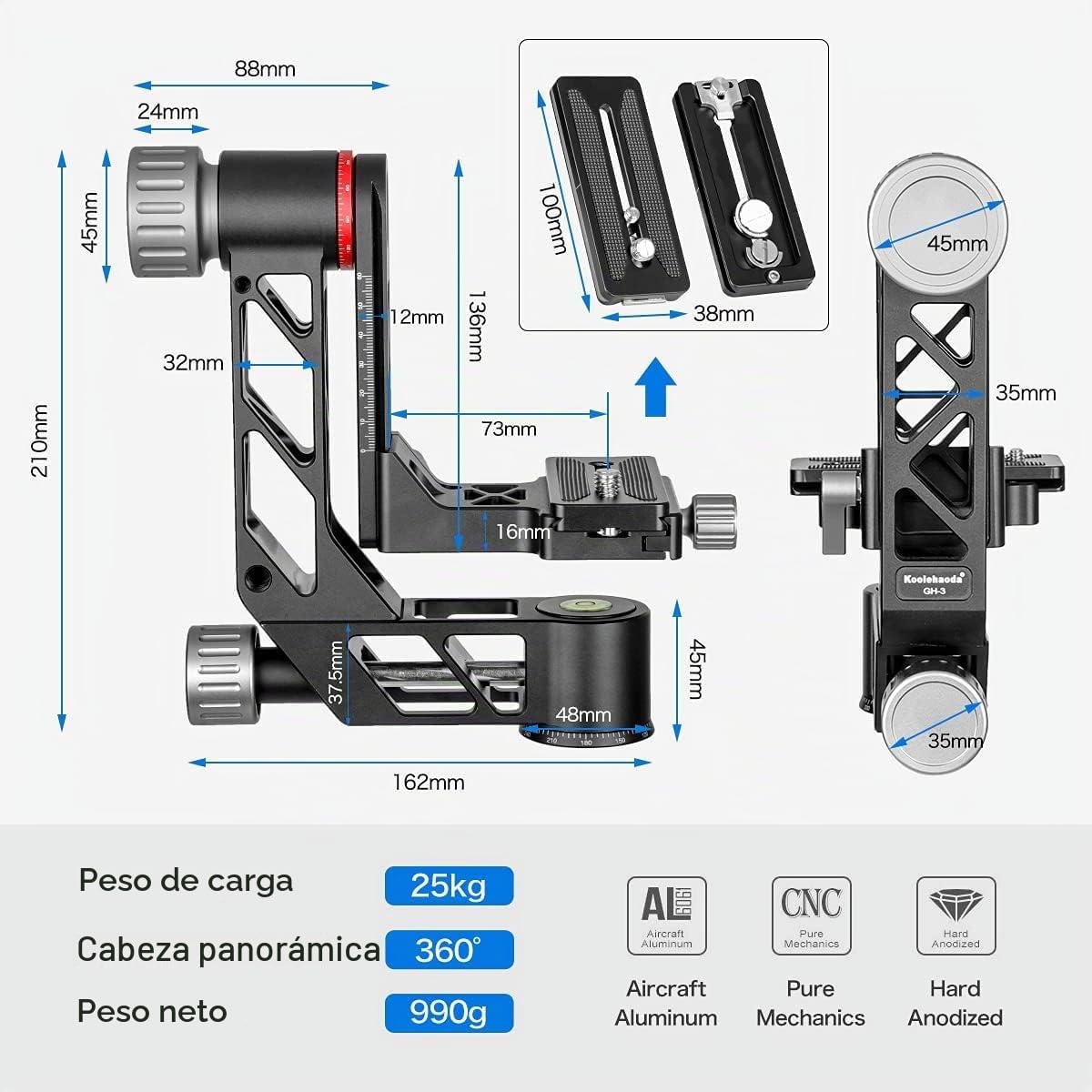 koolehaoda Cabezal de cardán profesional, Cabezal panorámico de 360 ​​° de alta resistencia de aleación de aluminio para cámaras DSLR, Carga hasta 55.11 lb / 25 kg (GH-3)