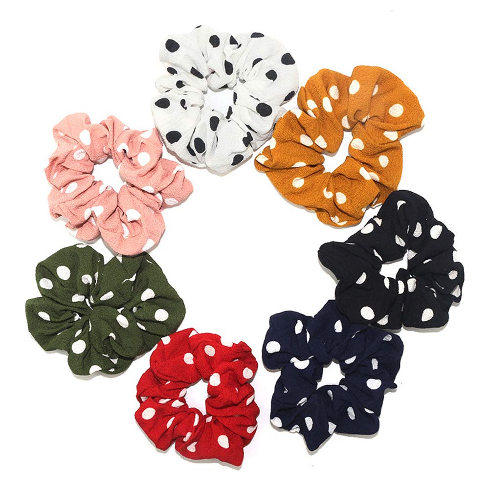 7 Pcs Polka Dots Assorted Colors Hair Scrunchies Hair Bobbles Elastics Ponytail Holders Hair Wrist Ties Bands Scrunchies for Show Gym Dance Party Club Girl Students