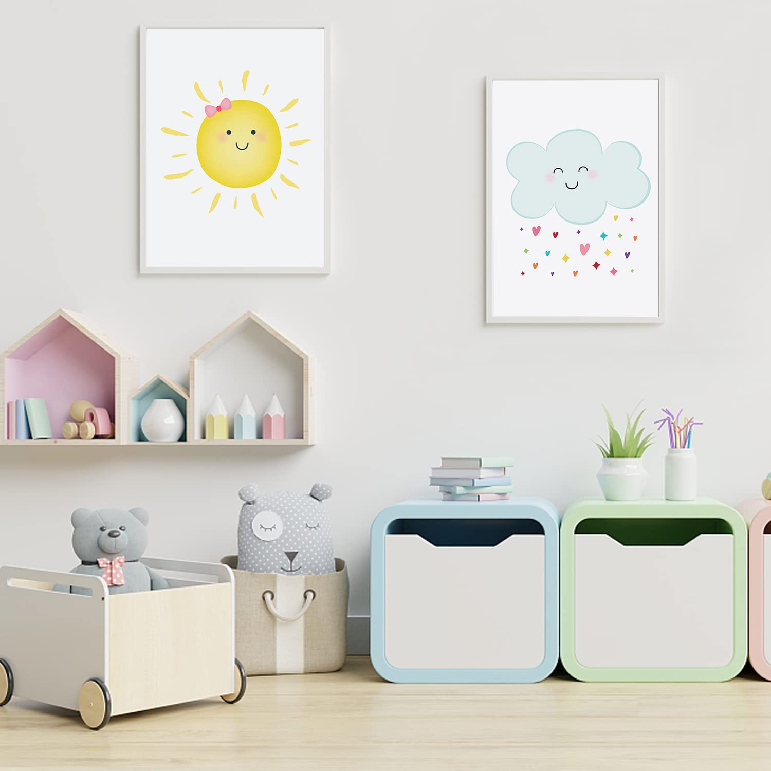Affiche Chambre Enfant Deco Tableau Fille Decoration Murale Chambre Bebe pour Filles Garçons sans Cadre Affiches Décorative Arc-en-Ciel Nuage Soleil Couleur