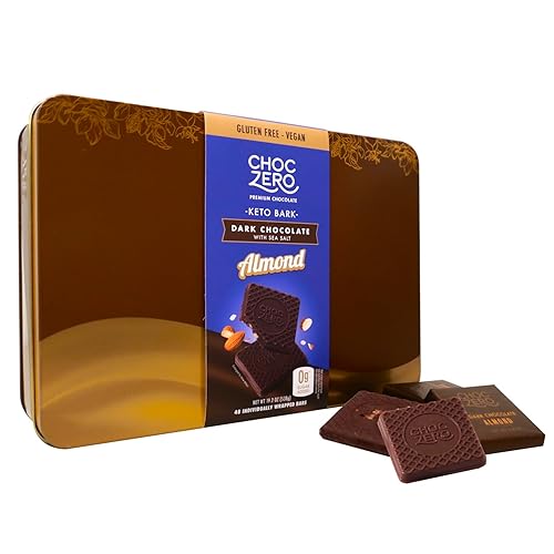 ChocZero Lata de regalo de corteza cetogénica de chocolate oscuro y almendras, chocolates veganos, aperitivo saludable sin gluten, postre sin azúcar