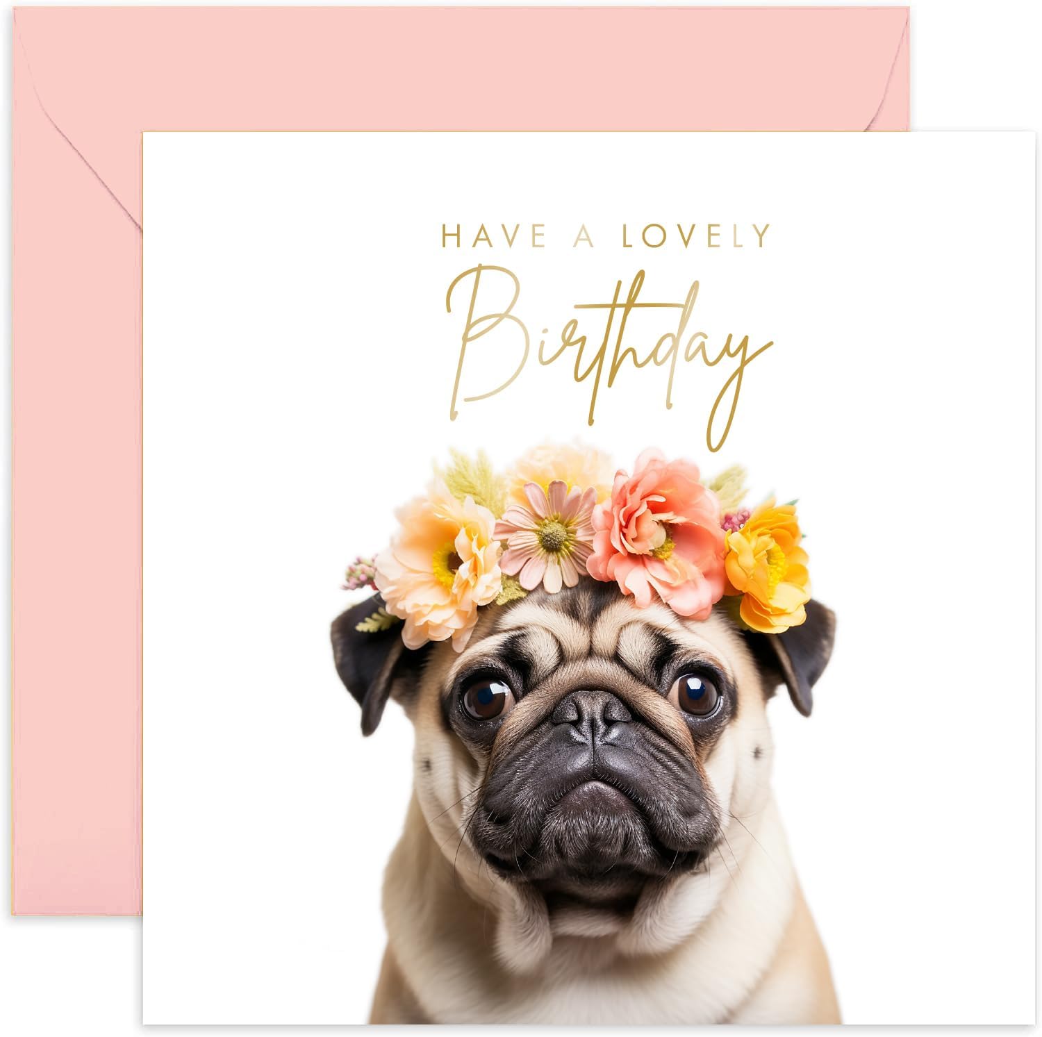 Old English Co. Pug Dog Lovely Birthday Card - Pug Floral Cute Birthday Card for Women - Cute Well Done Congratulations Cards for Friend, Colleague,