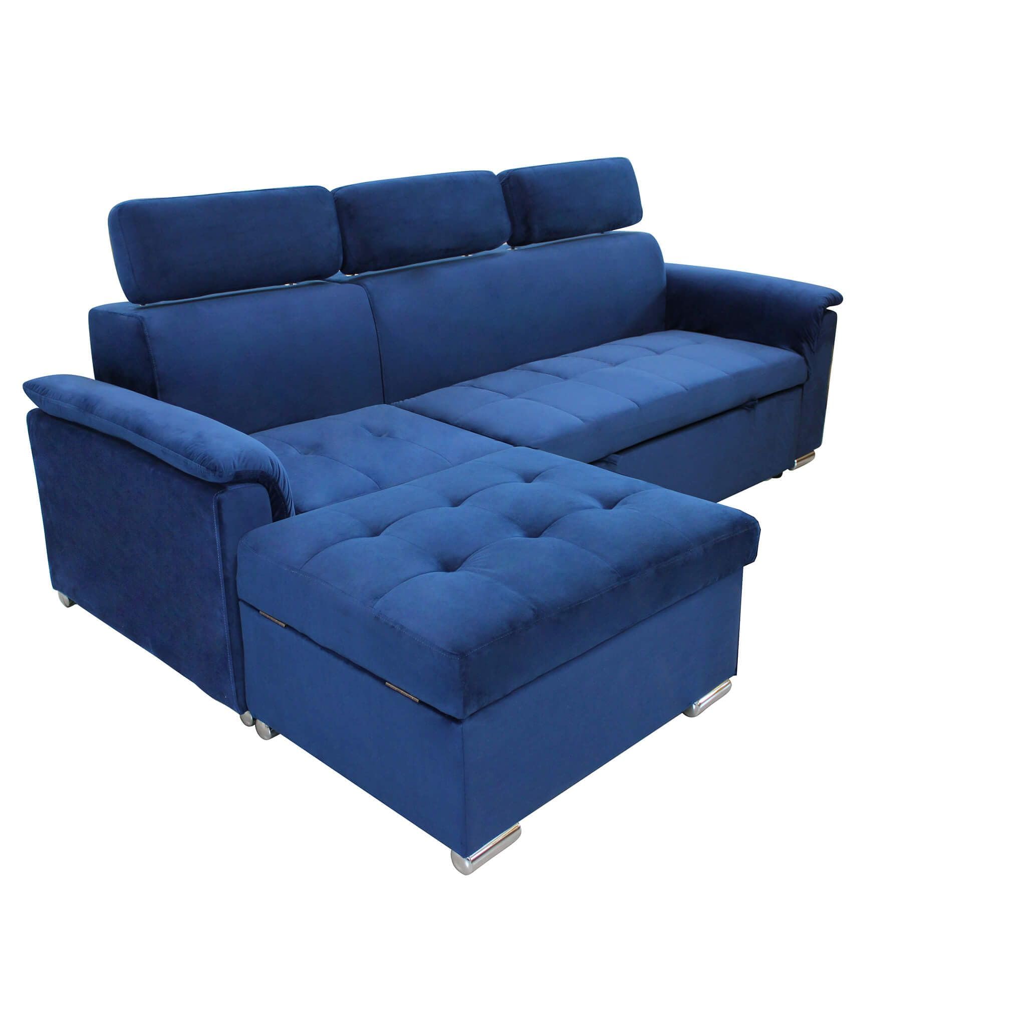milani home - Divano Letto Peter - Blu - Con penisola Contenitore - Ergonomico con poggiatesta - Regolabile e Supporto Lombare - 148x88x87