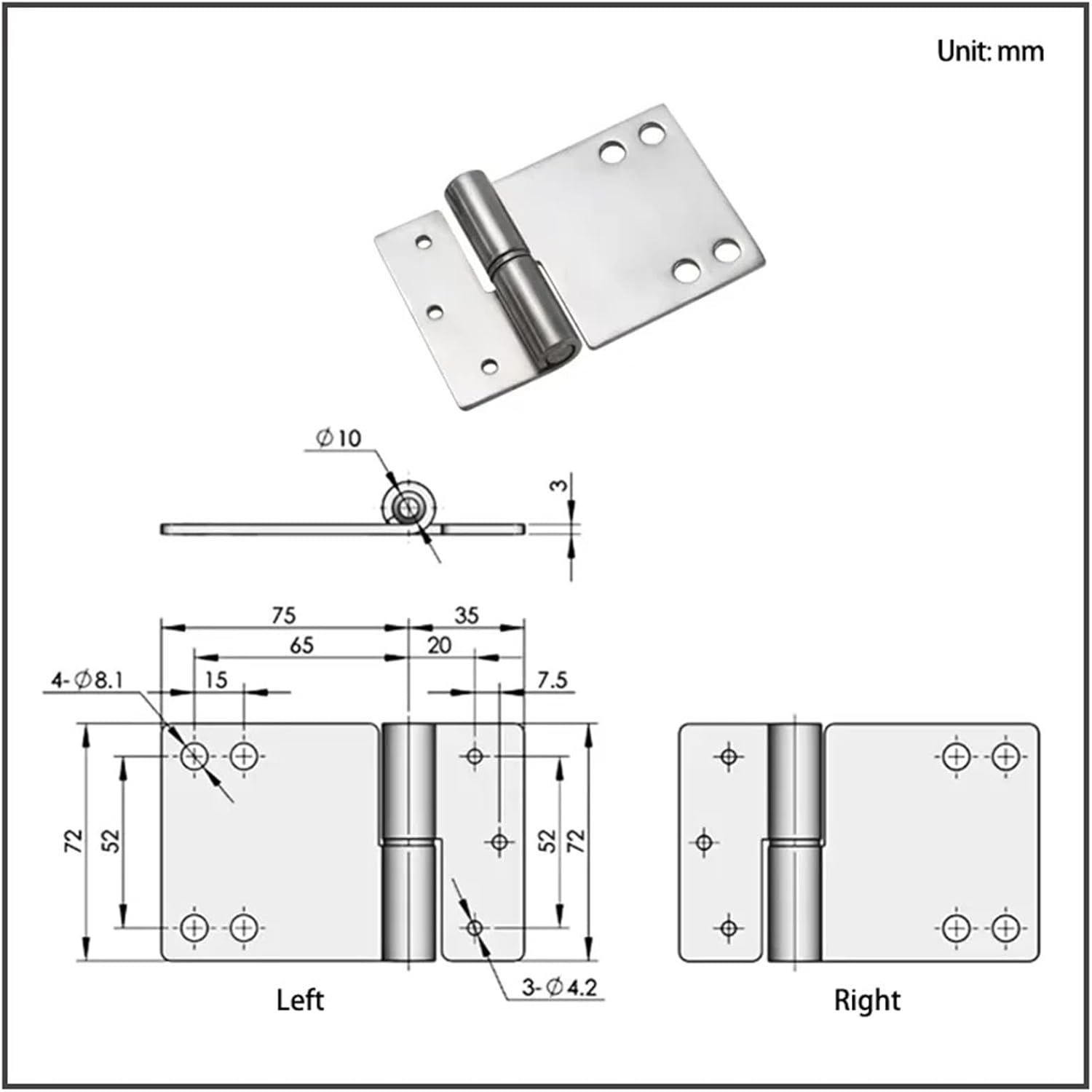 Stainless Steel Detachable Hinges Industrial Machinery Equipment Movable 1Pcs(Left)