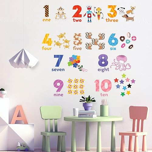 ALIBBON Calcomanías de pared con números de animales para niños, calcomanías de estrella de flores, calcomanías de pared extraíbles para niños, 1-10