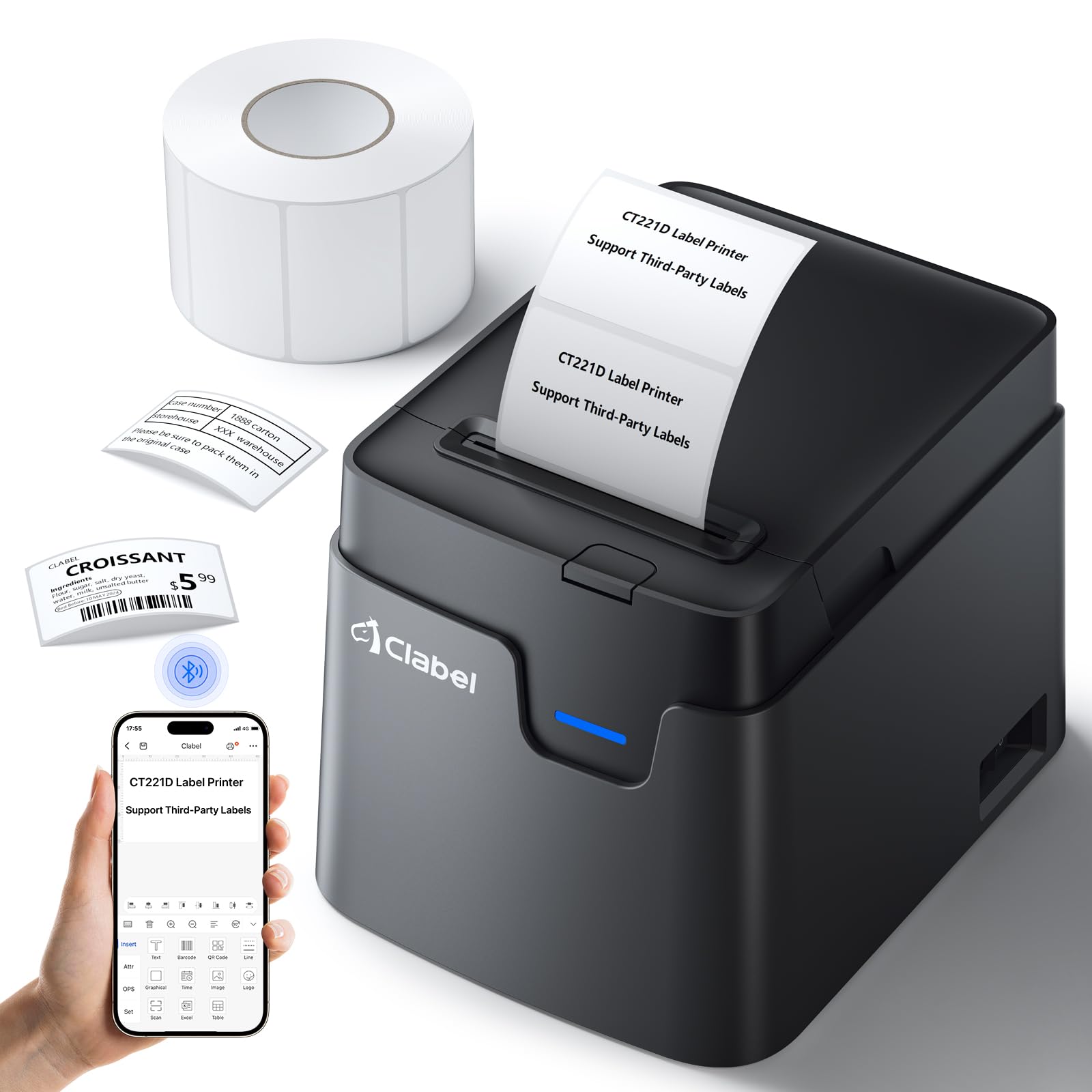 CLABEL Desk Bluetooth Barcode Label Printer: 221D Label Maker with Direct Thermal Printing, 2 Inch Print Width for Barcodes Address Shipping Warehouse with 1 Roll Label