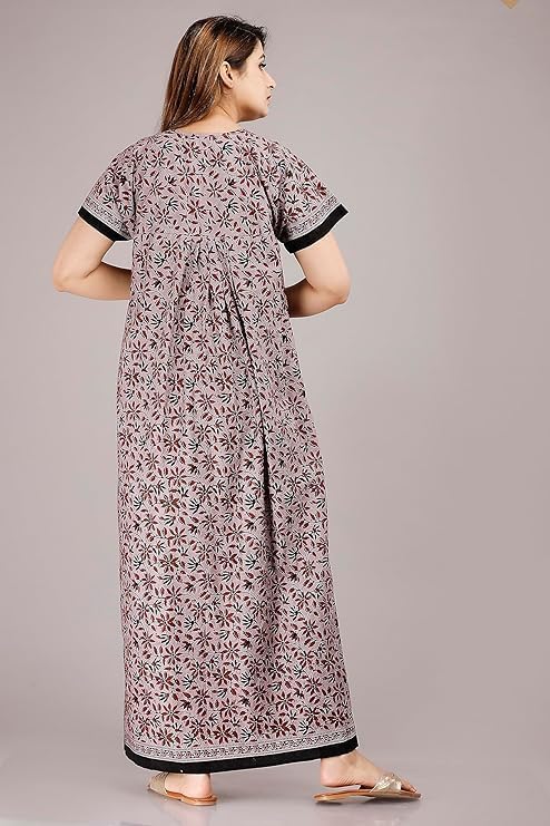 Image of NILOUFO Women's Cotton Printed Maxi Nighty - Pack of 2 | Soft Ankle-Length Sleepwear Gowns for Women | Free Size Night Dresses (Purple,Brown, Free Size)