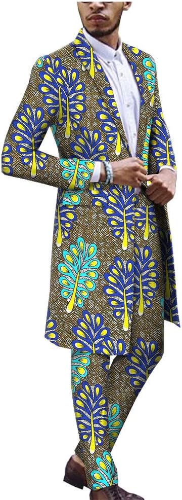African Men Clothing One Button Slim Fit Suit Print Long Jacket Coats+Pants Set Dashiki Outfit