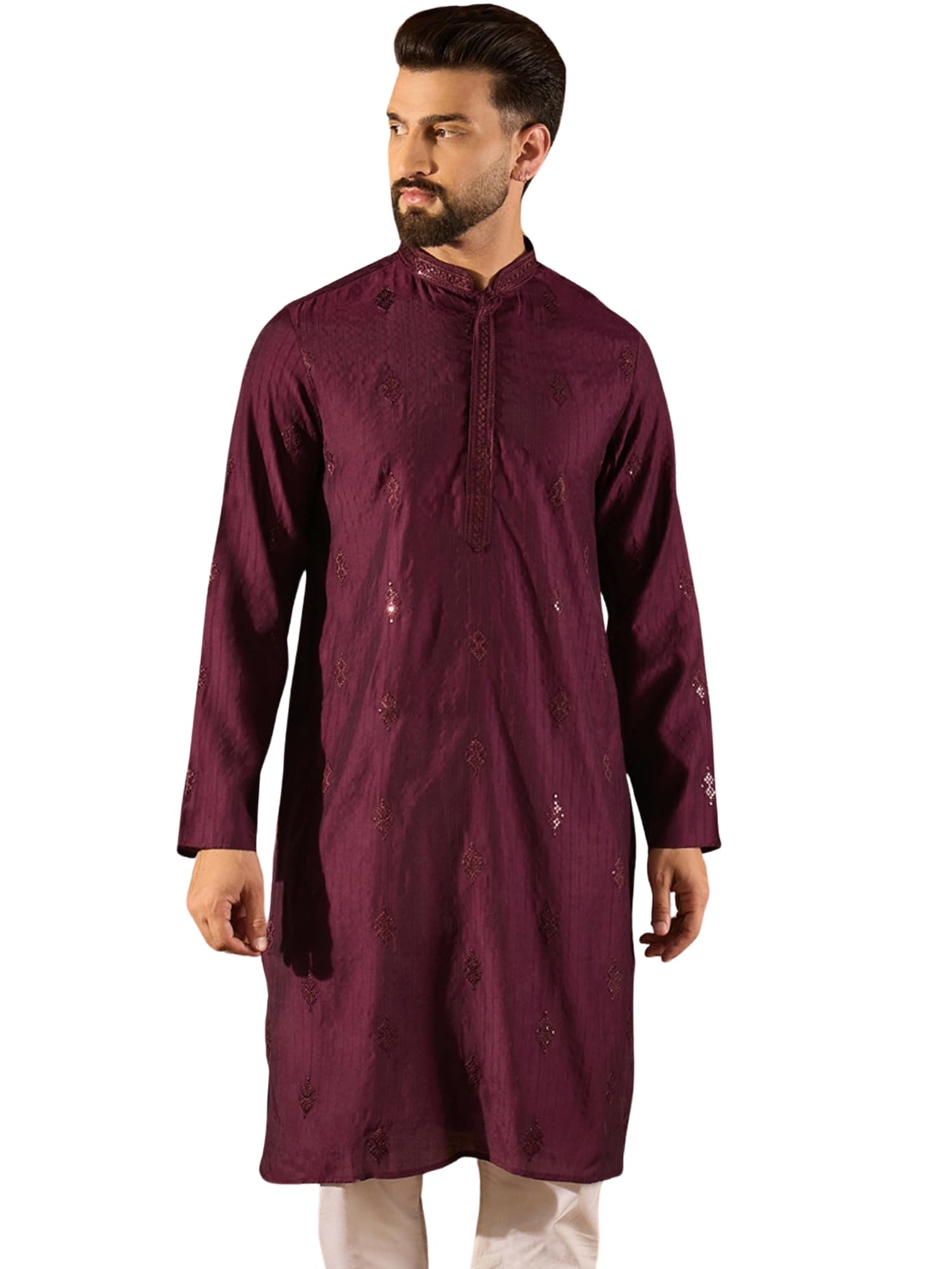 ethnic bay Men's Purple Viscose Rayon Solid Embroidered Design Calf Length Kurta Set | Embroidered Design Kurtas Sets For Mens | Straight Fit Kurta's For Men-picture-51