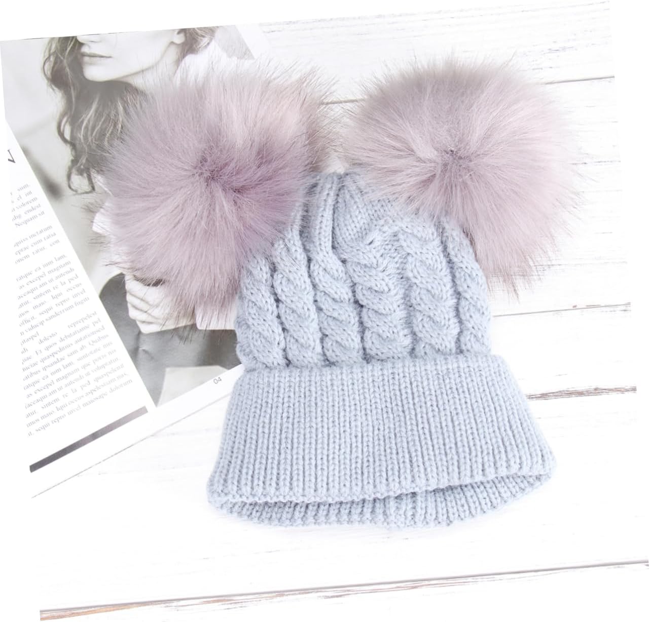 Kids Twin Pom Knit Hat Winter Warm Beanie for Baby Girls Grey
