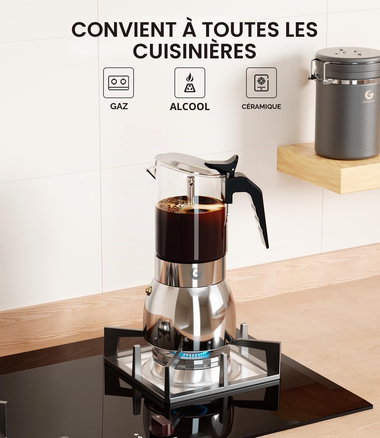 Coffee Gator 9 Tasses Pot à moka 450 ml, Design Transparent en Verre et Acier Inoxydable, Cafetière Moka, Cafetière italienne, Argentée