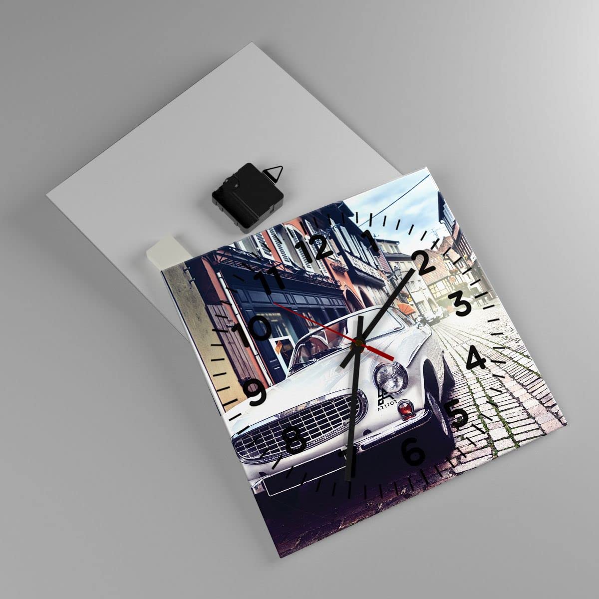 ARTTOR Zegar ścienny na szkle samochód ulica dom Nowoczesny 30x30 cm Dekoracja ścienna Salon Sypialnia Kuchnia Deko Cichy zegar na ścianę Duży Wall Clock Dekor C4AC30x30-3677