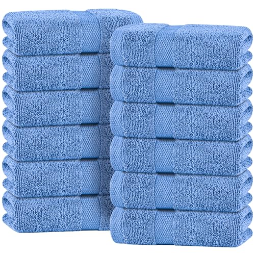 Image of White Classic Light Blue Hand Towels for Bathroom [12 Pack] Cotton Hand Towel Bulk for Gym, Kitchen and Spa, 16x27 Inches Soft Highly Absorbent Quick Dry Terry Salon Towels