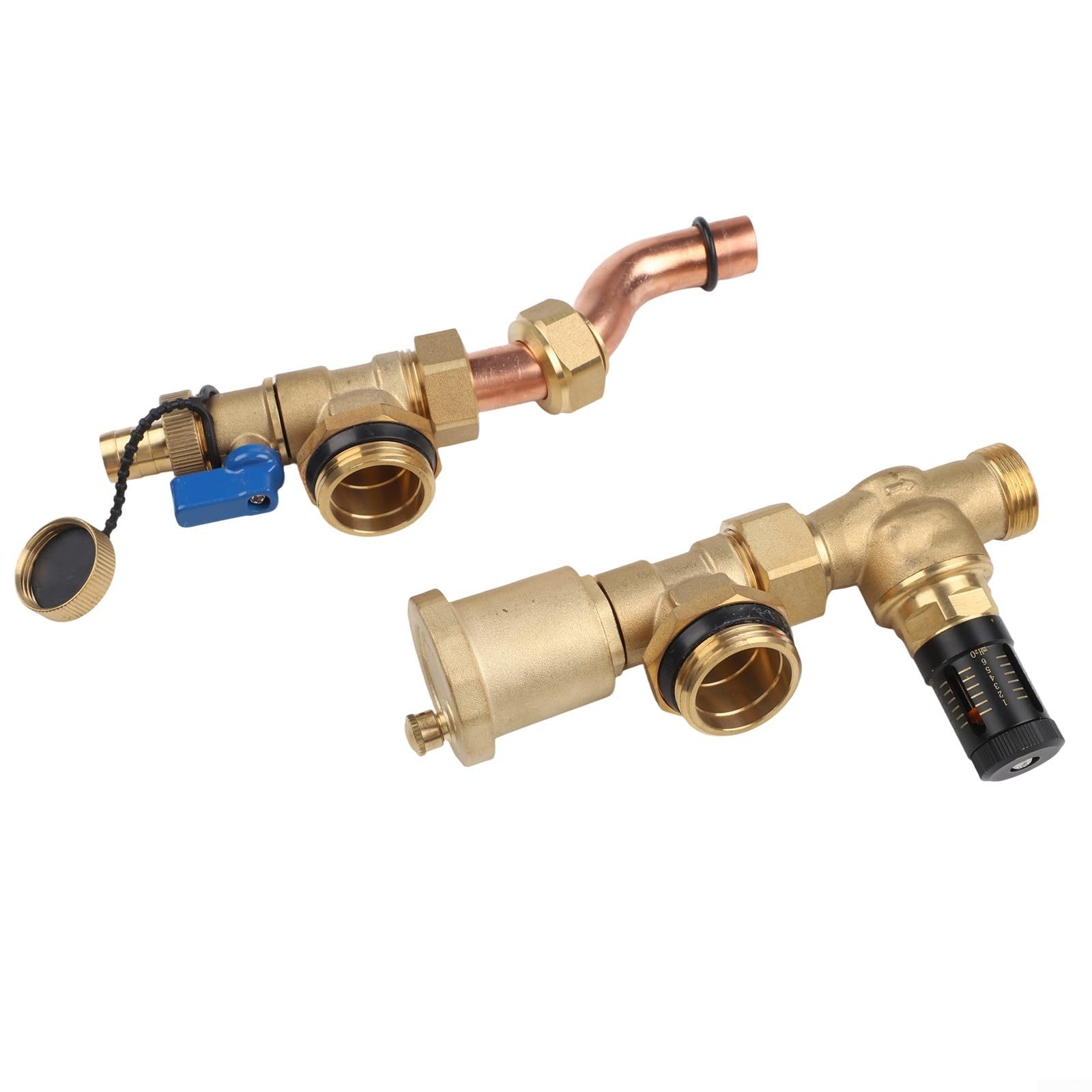 Valvola di bypass di pressione differenziale in ottone con sfiato automatico e display a doppia scala per sistema collettore di riscaldamento a pavimento, distanza centrale 210 mm (ottone)