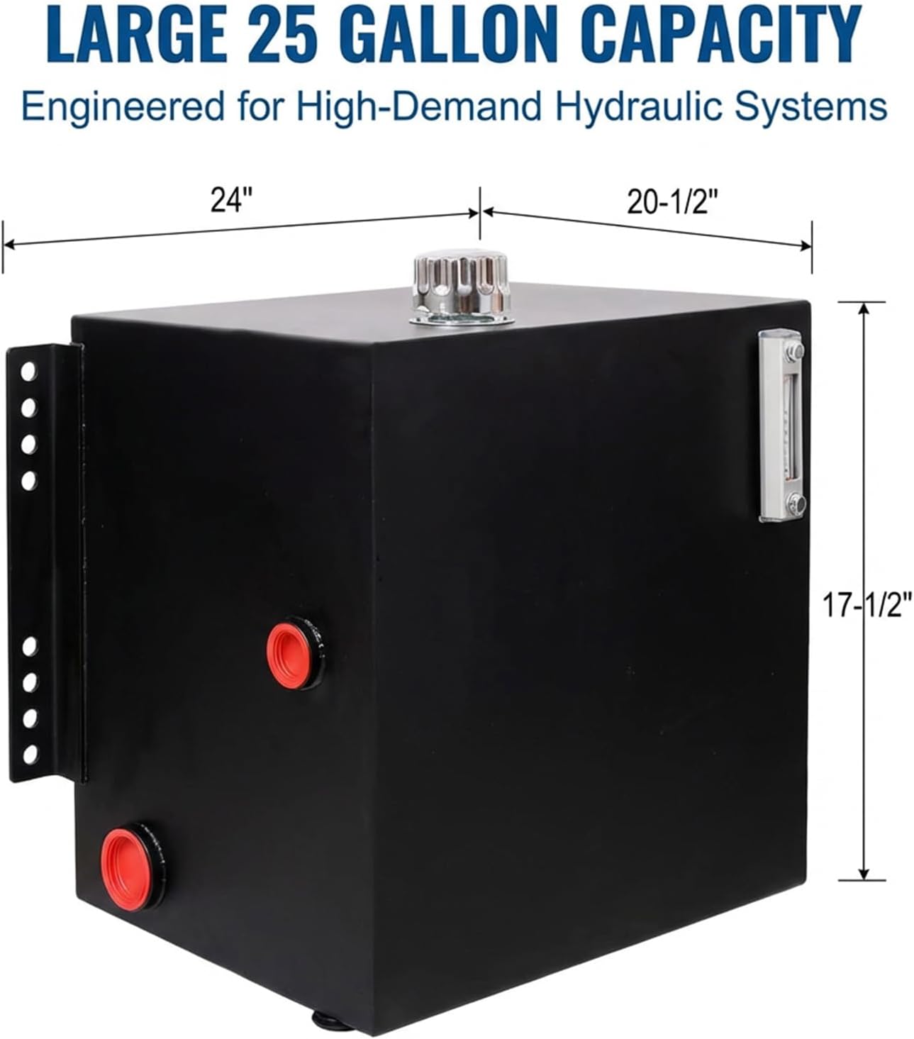25 Gallon Hydraulic Fluid Reservoir Tank - Heavy Duty 12 Gauge Steel Gasoline Transfer Tanks with Inlet 2" FNPT & Outlet 1-1/4" FNPT | Hydraulic Reservoir w/Temp & Sight Gauge for Tractors & Trucks