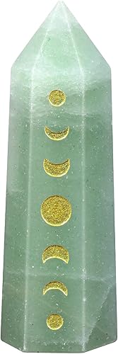 Rockcloud Punto de cristal grabado en fase lunar, piedra hexagonal de bolsillo para meditación Reiki, decoración del hogar, aventurina verde
