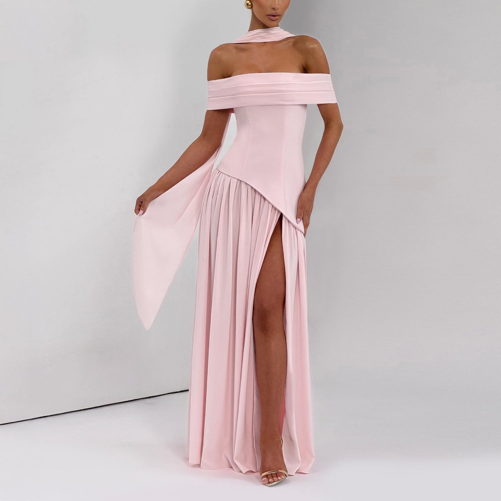 Vestido Largo para Mujer Elegante Vestidos de Fiesta Hombros Descubiertos Sexy Maxi Vestido sin Espalda con Abertura Vestidos Formal de Noche Ajustado con Bufanda para Ceremonia Boda