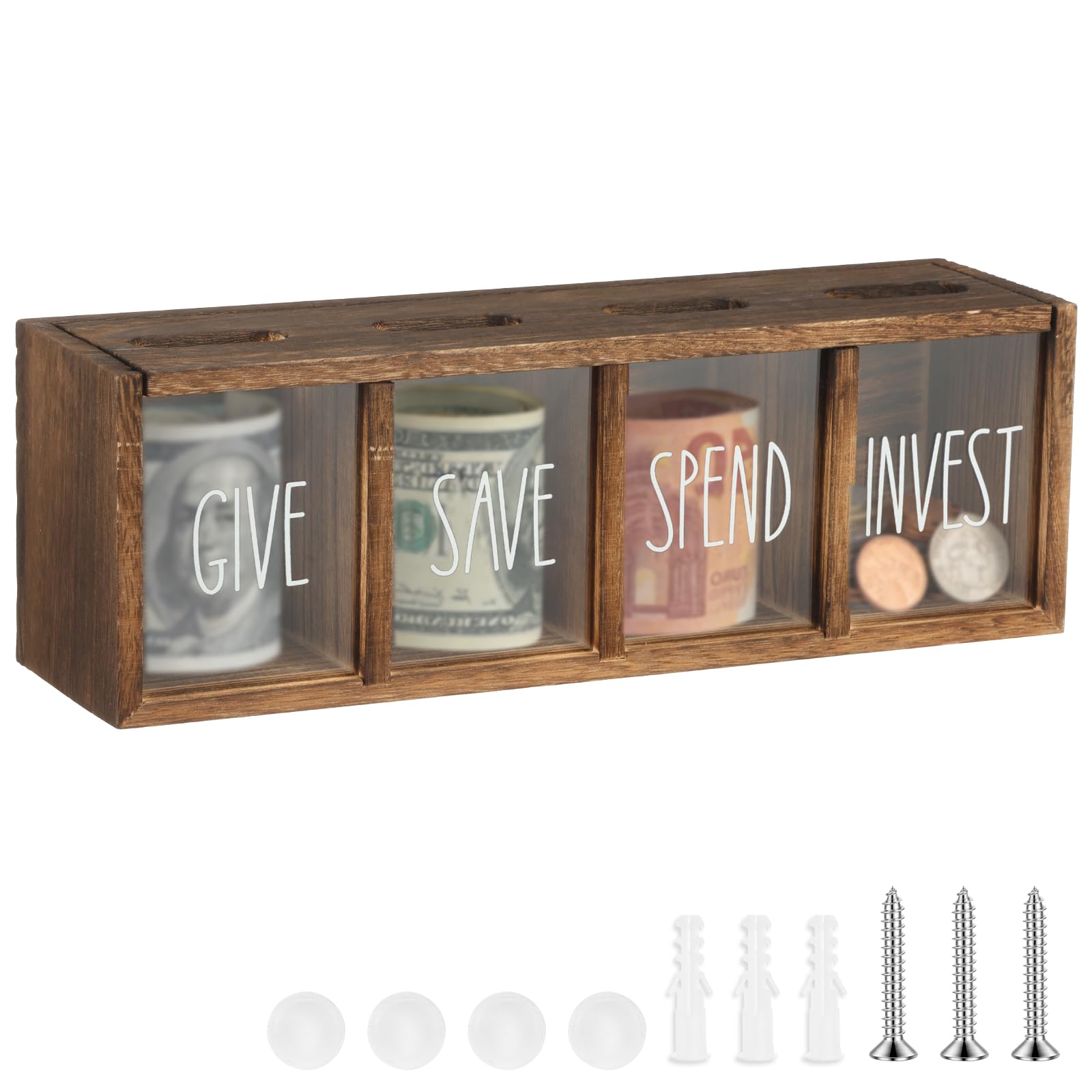 Wooden Give Save Spend Invest Money Saving Box Visual Piggy Bank Dark