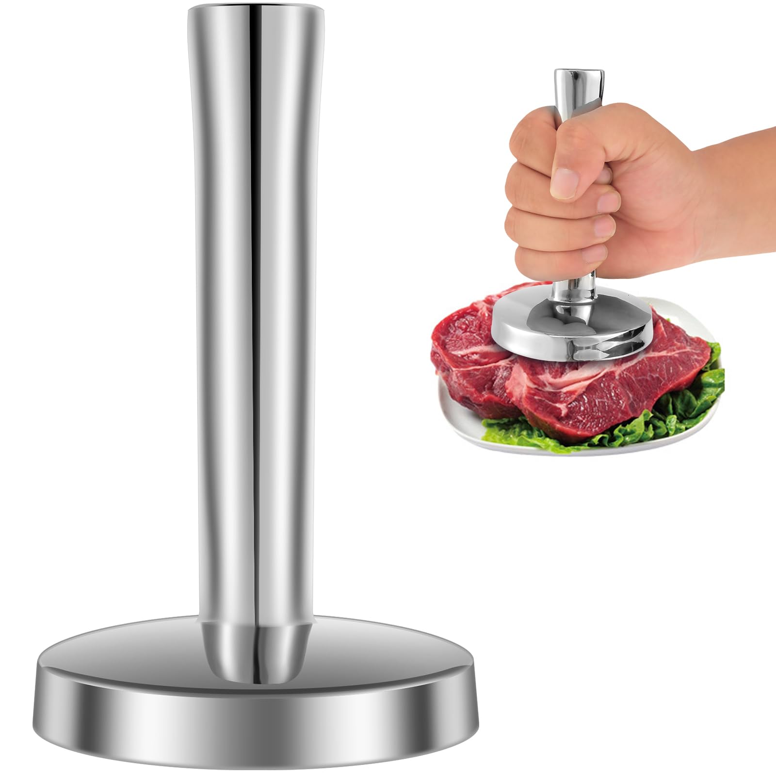 Lulobtg Silver Meat Pounder Flattener 304 Stainless Steel Meat Pounder Flattener Kitchen Mallet Large Round Hammer For Flattening Steak Beef Poultry Chicken Flatteners Tool