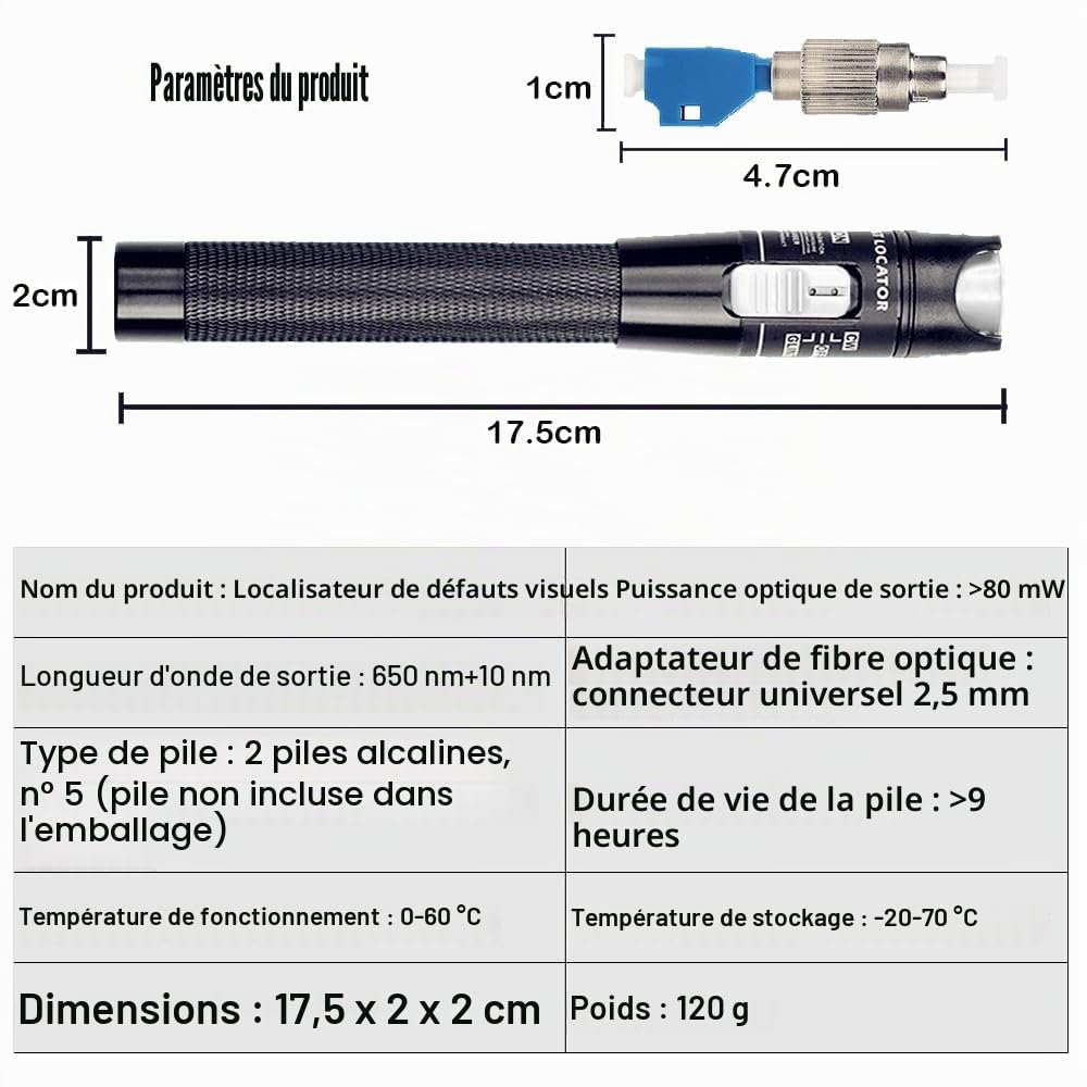 Localisateur visuel de défauts 80mW, FTTH Testeur de Fibre Optique, Stylo de Fibre Optique avec Adaptateur FC-LC pour L'Ingénierie fibre optique