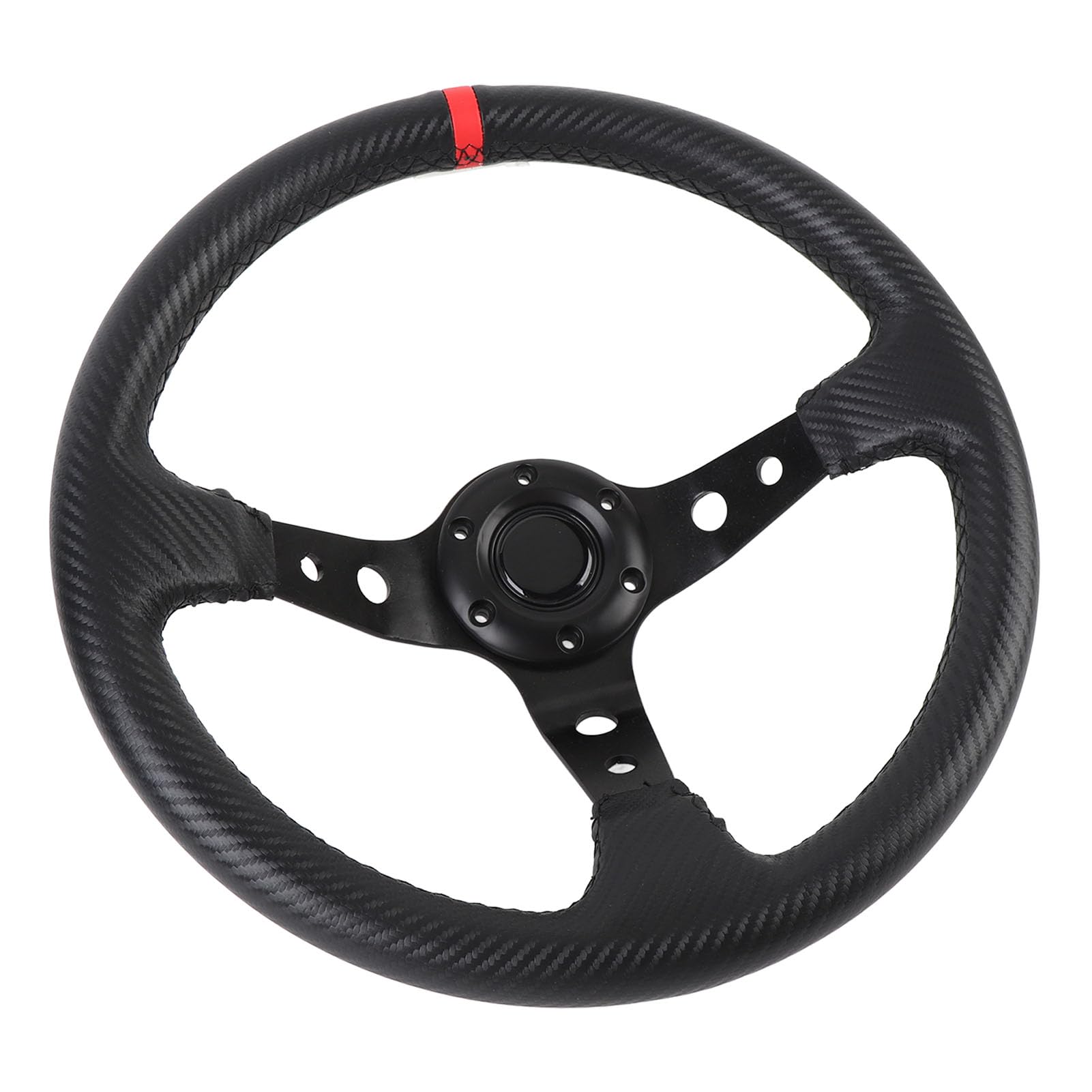 Volant de Course Sportif 14 Pouces Look Carbone Universel en PVC Aluminium avec Bouton de Klaxon pour Adaptateur de Moyeu 6 Trous Rouge pour Voiture de Sport et Dérive