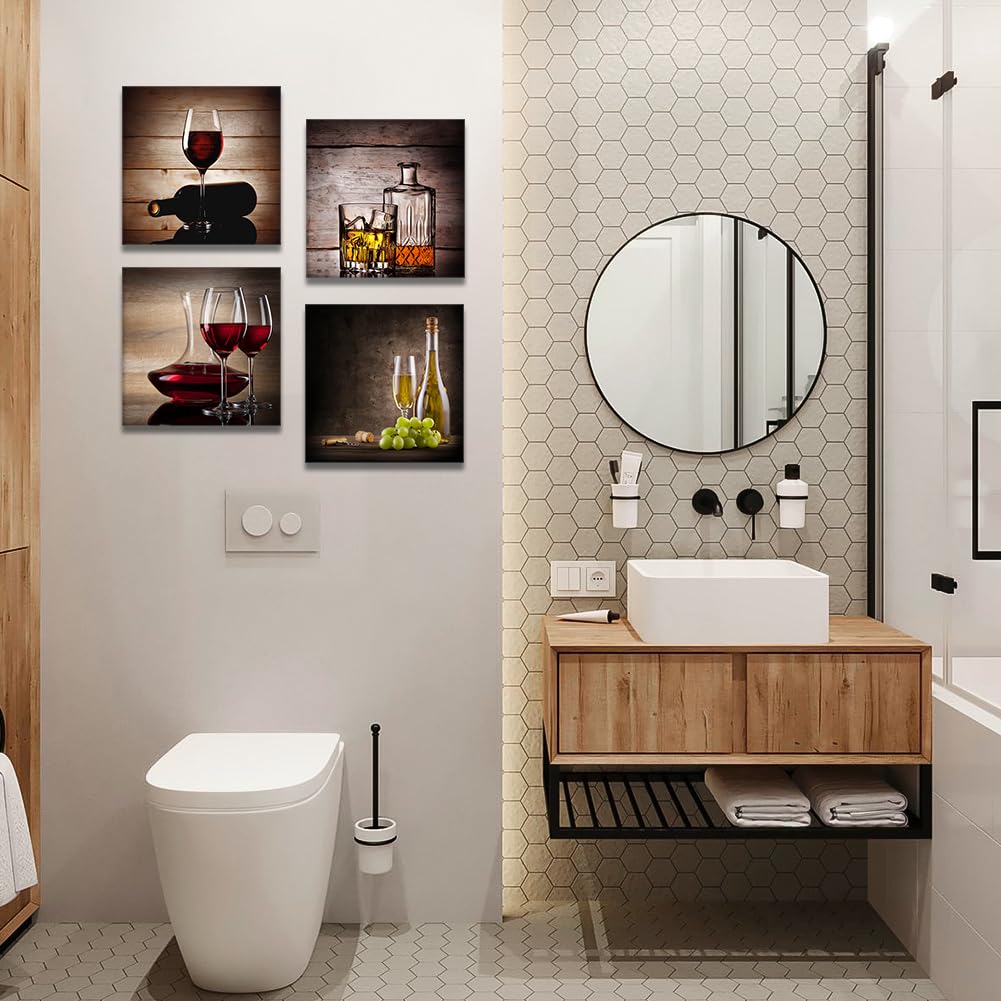 Artscope 4 parti Stampa su tela - Bicchiere da vino rosso, decorazione da parete per camera da letto, dipinti ad olio per casa, bagno, soggiorno, 30 x 30