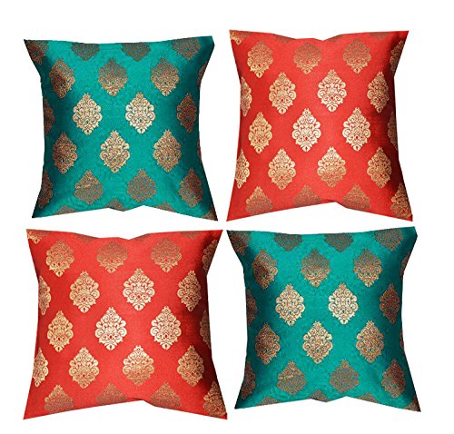 PINK PARROT Dopion Silk Cushion Cover (12 x12 inches, Bright Red and Green) -Set of 4