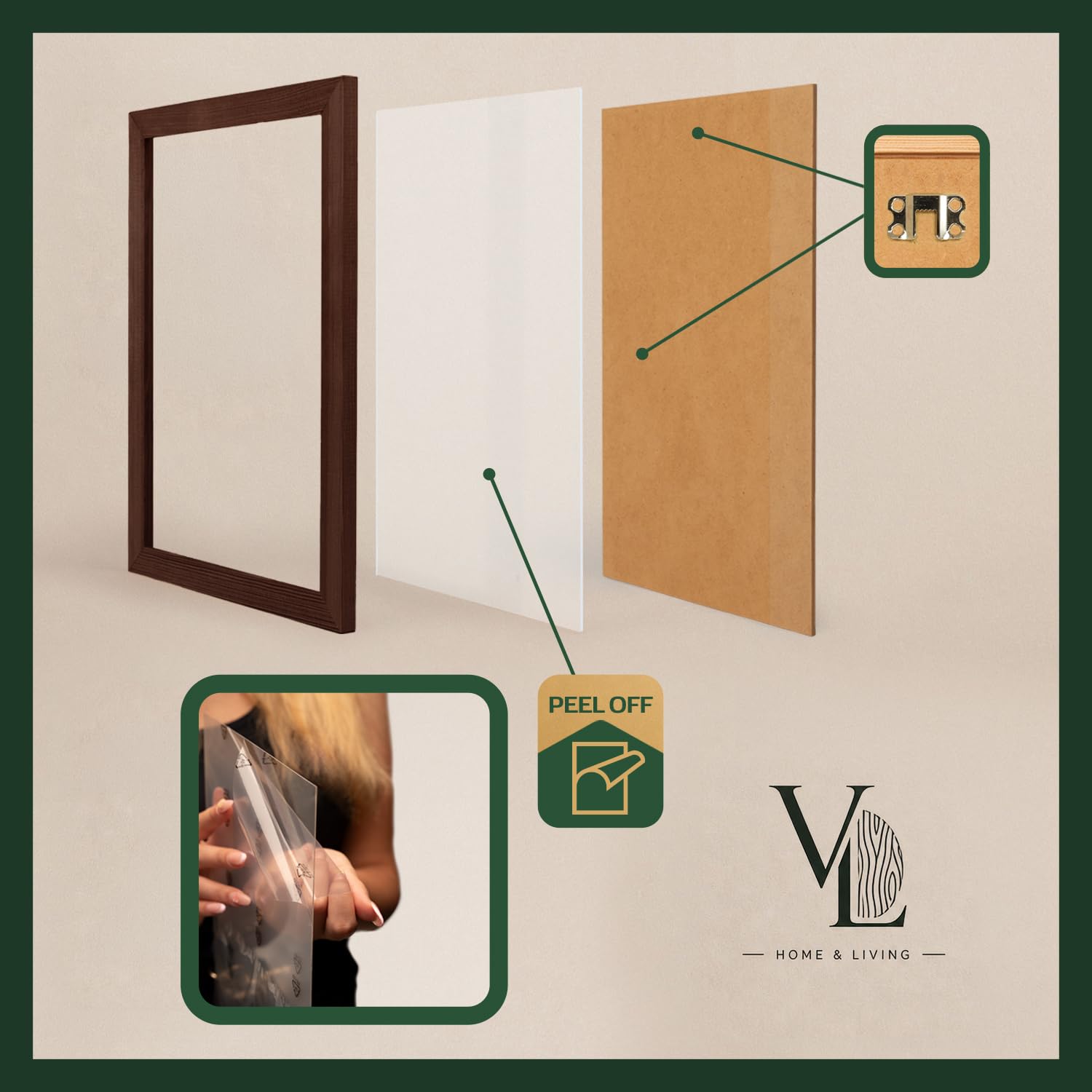 VELORA H&L Marco de Fotos Negro 80 x 120 cm - Marco de Madera con Metacrilato Transparente, Portafotos para Fotos, Pósteres, Láminas, Puzzles, Diplomas y Certificados