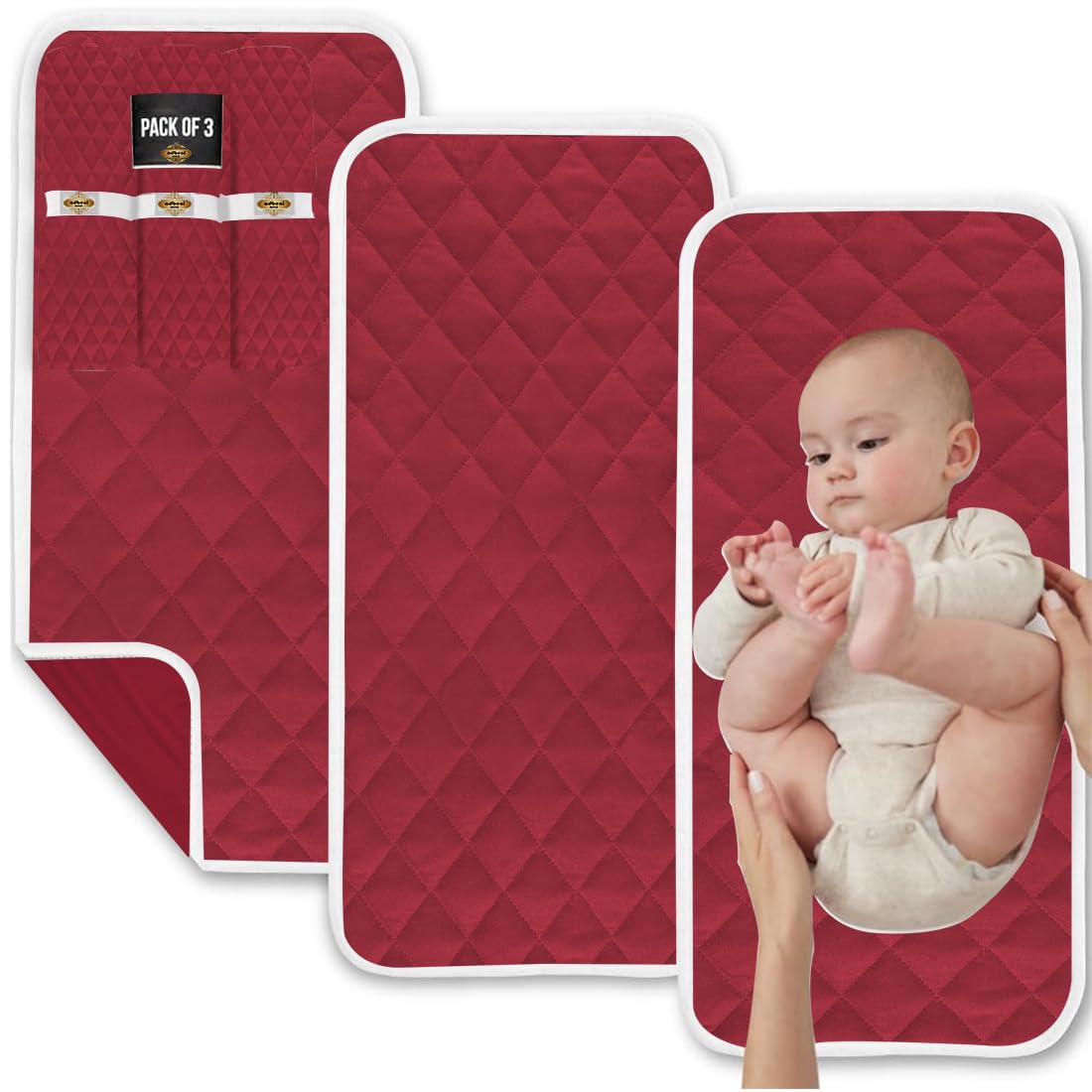 ADBENI HOME 3 Pack Soft 100% Waterproof Hypoallergenic Absorbent Baby Changing Liners, Stay in Place Pad, Slip Resistant, Quilted Machine Washable Reusable, Diaper Mat Cover, 69x33 cm, Maroon-image-5