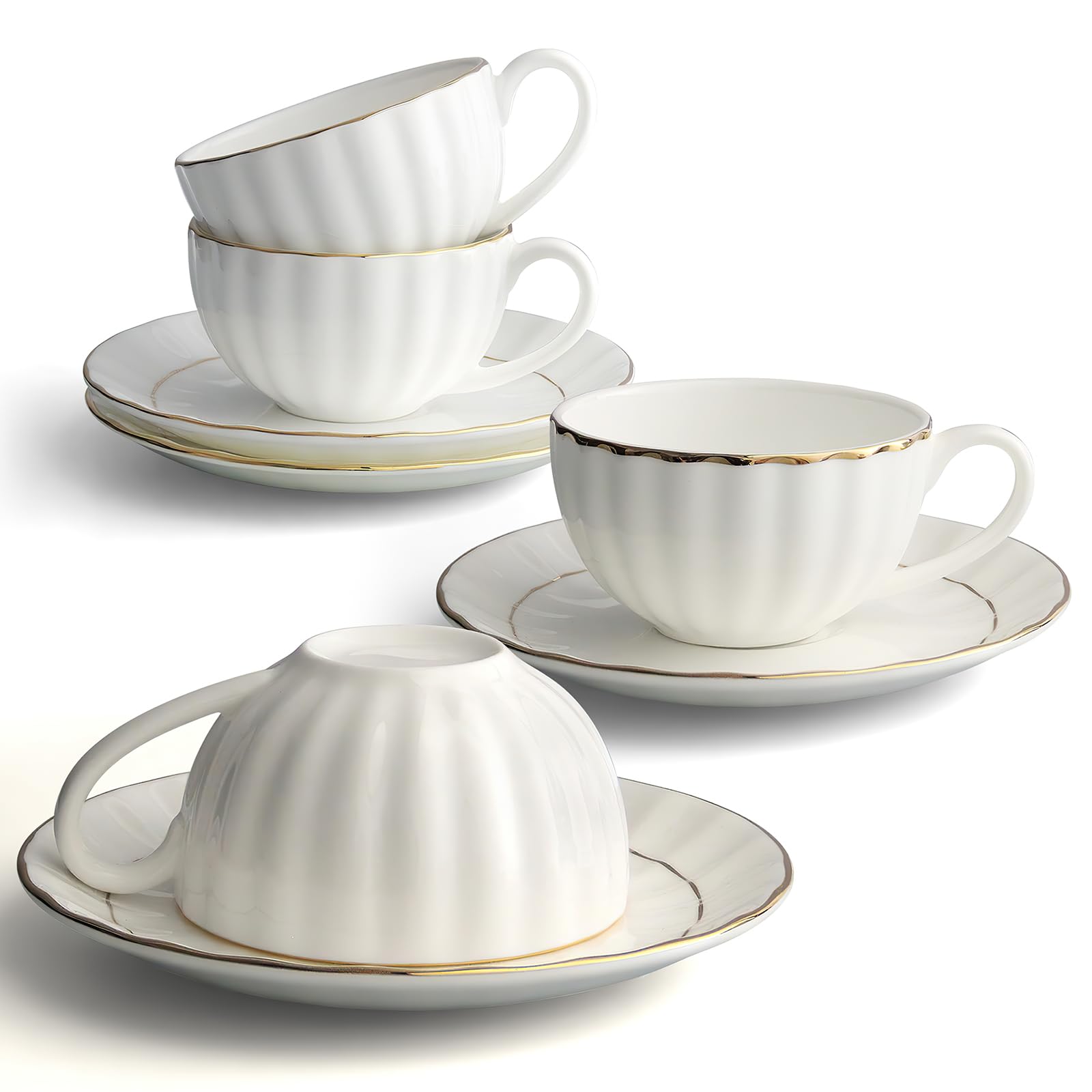 IQCWOOD Tasse à thé et soucoupes de 173 ml avec bordure dorée, tasse à thé en porcelaine anglaise pour café, cappuccino, expresso pour fête, café, maison, cadeau de fête des mères (blanc)
