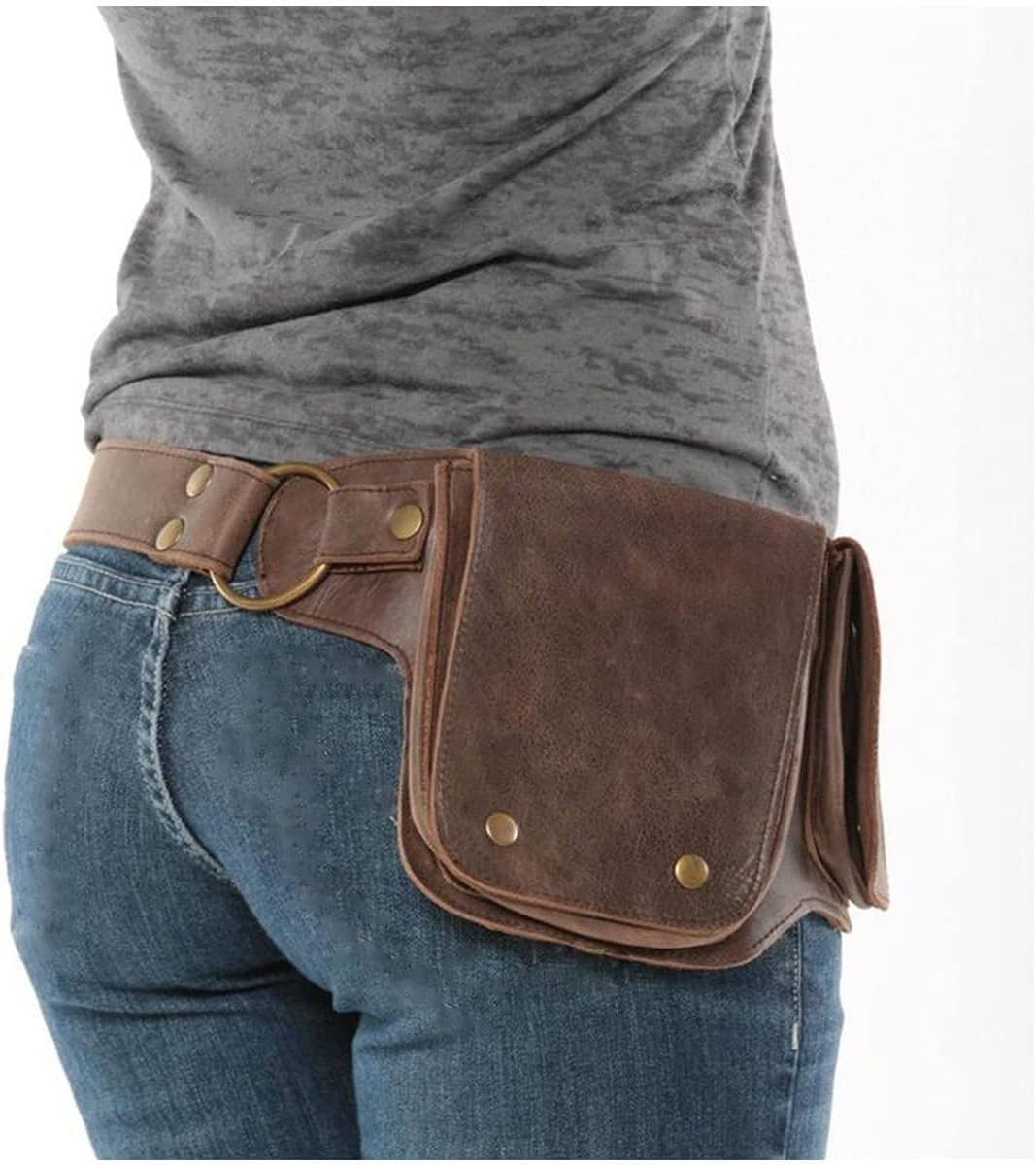 Medieval Women Vintage Belt Bag PU Leather Adjustable Utility Waist Pack, Viking Knight Pirate Cosplay Hip Bag Wallet Outdoor Sports Cell Phone Pocket Adjustable Button Bag