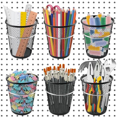 Elesunory 6 Set Pegboard Cups with Ring Hooks, Metal Pegboard Bins, Pegboard Cup Holder Pegboard Hooks for 1/4