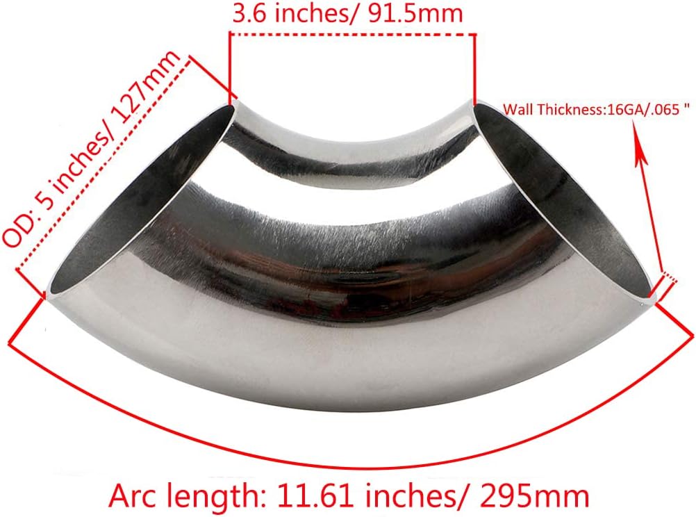 Stainless Steel Elbow 5" 90° Mandrel Bend Elbow - Thickness 16GA/.065" Wall Material SS304 Suitable for Modified Exhaust Elbow Pipe, Stair Handrail,etc-OSIDU