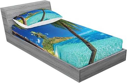 Miniatura 31 de Ambesonne Juego de sábanas bajeras y fundas de almohada con diseño de gato durmiendo en luna creciente, estrellas, sueños nocturnos, juego de ropa