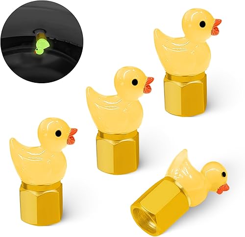 GOOTHX Tapón de vástago de válvula de neumático, 4 piezas que brilla en la oscuridad, lindo tapón de válvula de neumático de patito, universal para