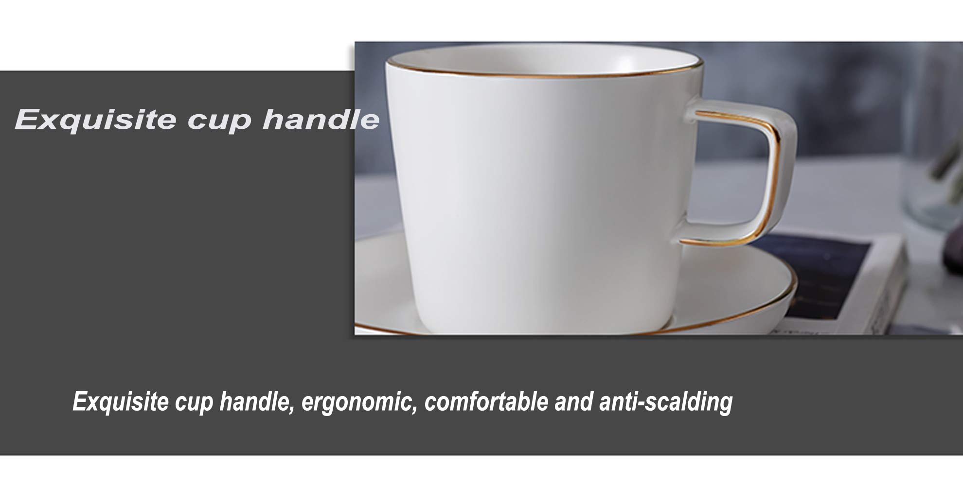 Juego de tazas de café de porcelana mate con platillos, de lujo nórdico, borde dorado, taza de té de la tarde, taza de café con capuchino (250 ml, 2 tazas y 2 platillos)