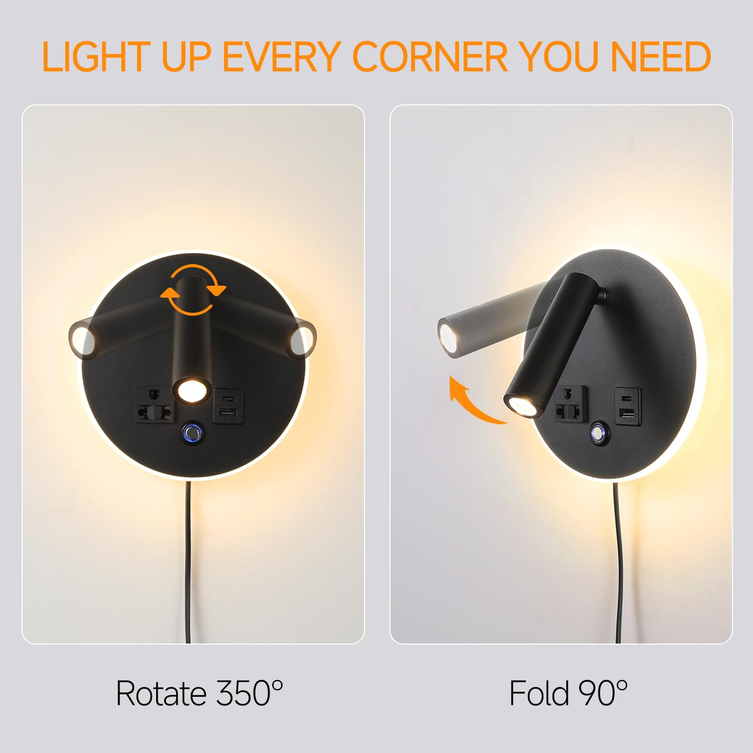 Możliwość ściemniania, regulowana lampa do czytania na ścianie, sterowanie dotykowe, port ładowania USB C+A, do sypialni/salonu z odłączanym kablem