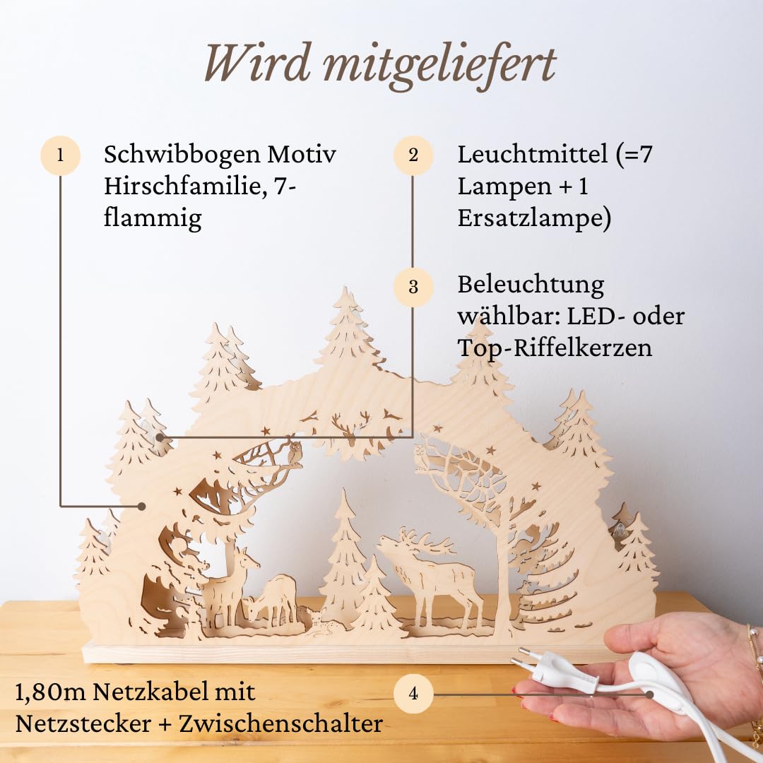 WEIGLA - Schwibbogen original Erzgebirge I Lichterbogen Weihnachten I Motiv Hirschfamilie I 7 Lampenkerzen + 1 Ersatzlampe I 7 x 34 V, 3 W, E10 I beleuchtete Weihnachtsdeko innen