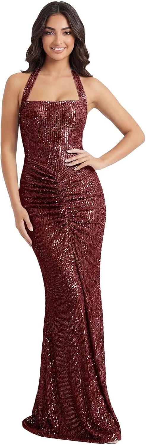 Sparkly Sequins Mermaid Prom Dresses 2026 for Women Long Halter Square Neck Pleated Formal Evening Ball Gown WA130