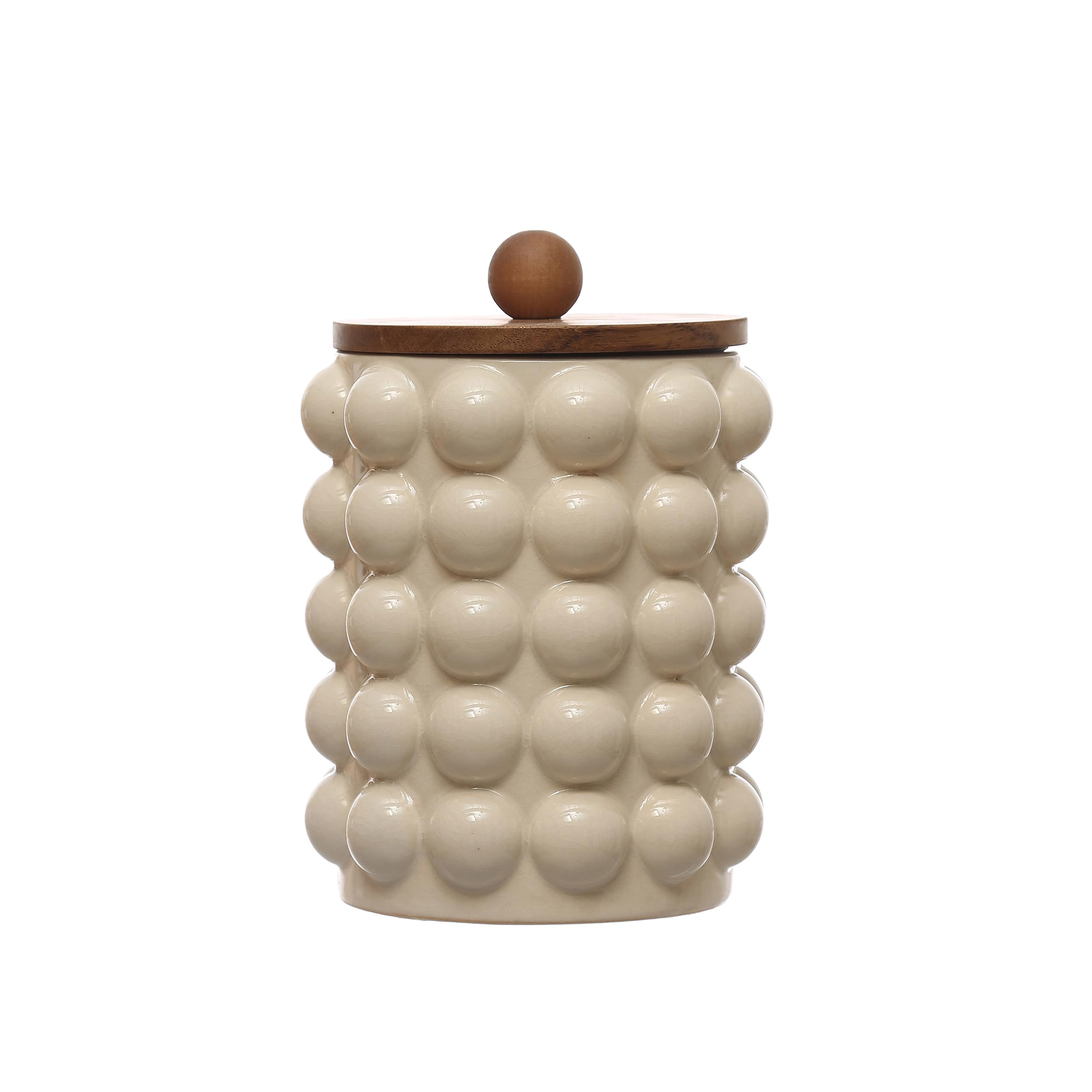 Round Stoneware Canister with Raised Dots and Acacia Wood Lid, White and Natural