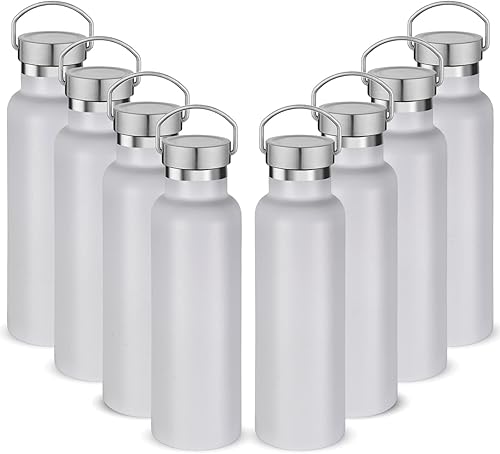 Neihepal Botellas de agua aisladas de 20 onzas a granel, paquete de 8 botellas deportivas de doble pared de acero inoxidable con tapa de asa, termo