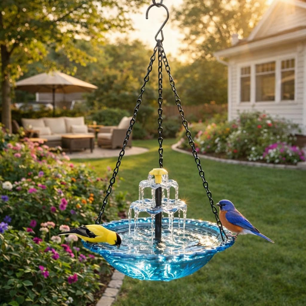 Solar Hanging Bird Bath Fountain, Solar Powered Cascading Water Fountain for Bird Bath, Outdoor Hanging Solar Fountain for Garden Patio Yard, Decorative Bird Bath with Flowing Water Feature (Blue)