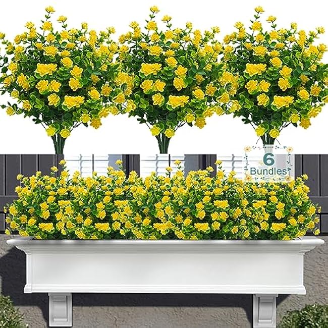6 Bundles Artificial Fall Flowers for Outdoors,UV Resistant Fake Plastic Plants Artificial Shrubs Fall Flowers Decor of Vase and Outside Window Box, Ferns Plants for Planter-Yellow