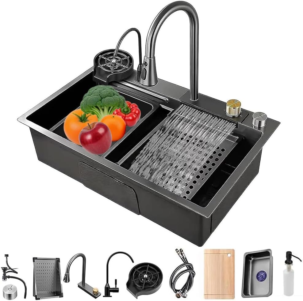 Dark Grey Single Bowl Stainless Steel Waterfall Kitchen Sink with Utility Hot & Cold Pull-Out Faucet,Knob Control Workstation Sink With Cup Washer,Drainage Basket (29.5 * 17.7 * 8.3in)