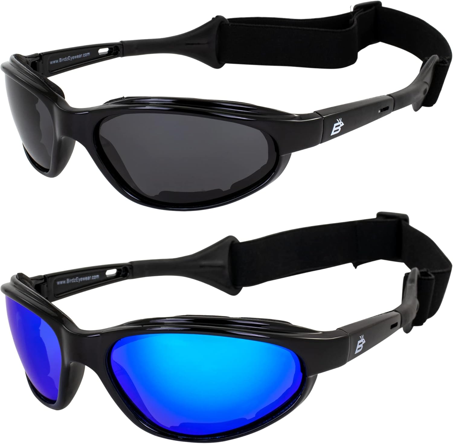 Birdz Eyewear Sail Padded Jetski Sunglasses Goggles Polarized Sports Watersports Boating Fishing for Men or Women 2 Pairs Black Frame w/Smoke & Blue Mirror Lenses Birdz Eyewear Sail Padded Jetski Sunglasses Goggles Polarized Sports Watersports Boating Fishing for Men or Women 2 Pairs Black Frame w/Smoke & Blue Mirror Lenses