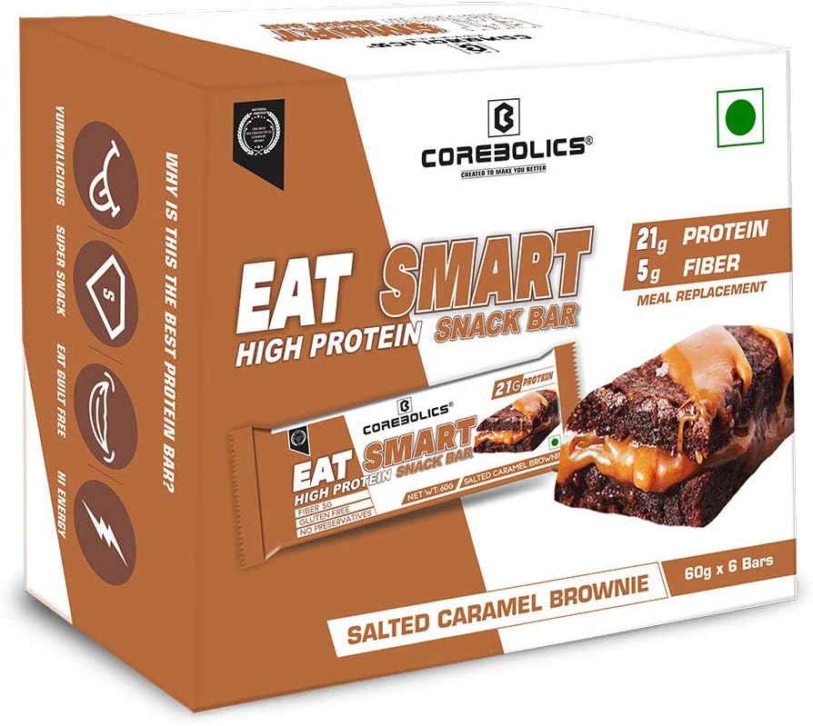 COREBOLICS EAT SMART High Protein Snack Bar (21G Protein) - Salted Caramel Brownie - Pack of 6(60gmX6)