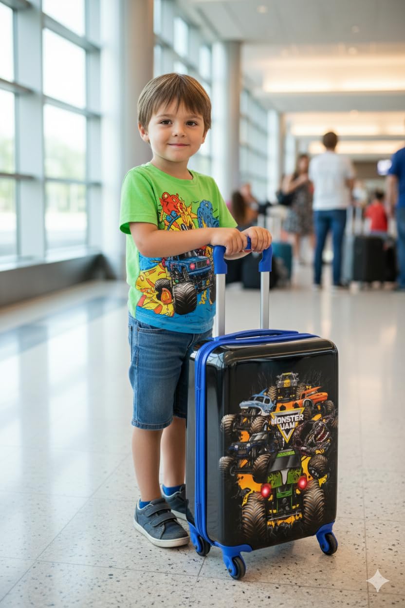 Disney Charcter - Maleta rígida de 20 pulgadas para niños y niñas, bonita y duradera maleta rígida para viajes con ruedas giratorias de 20 x 12 x 8 pulgadas, Monster Jam 50.8 cm, Hard Luggage