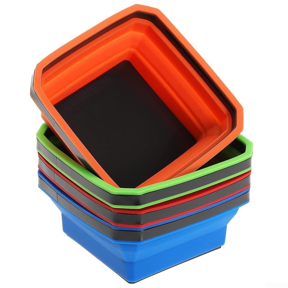 Oniissy 4.5 Inch Collapsible Magnetic Screw Tray Silicone Bowl Tool Part Storage Box,Collapsible Magnetic Base Silicone Bowls, Magnetic Tool Tray for Screw, Magnetic Parts Tray,Mechanics Tools(red)