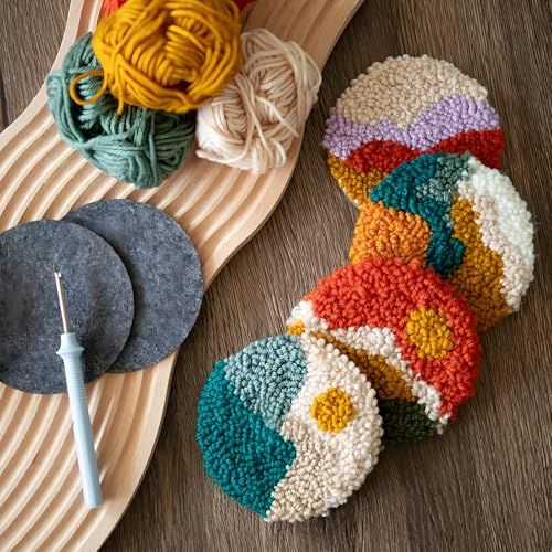 Image of Punch Needle Coasters Kit for Beginners Adults Easy Needle Punch Embroidery Kit Set Threader Instruction Fabric Hoop Yarn Tufting Coaster DIY Making,Coaster Holder Coaster Art Craft Supplies