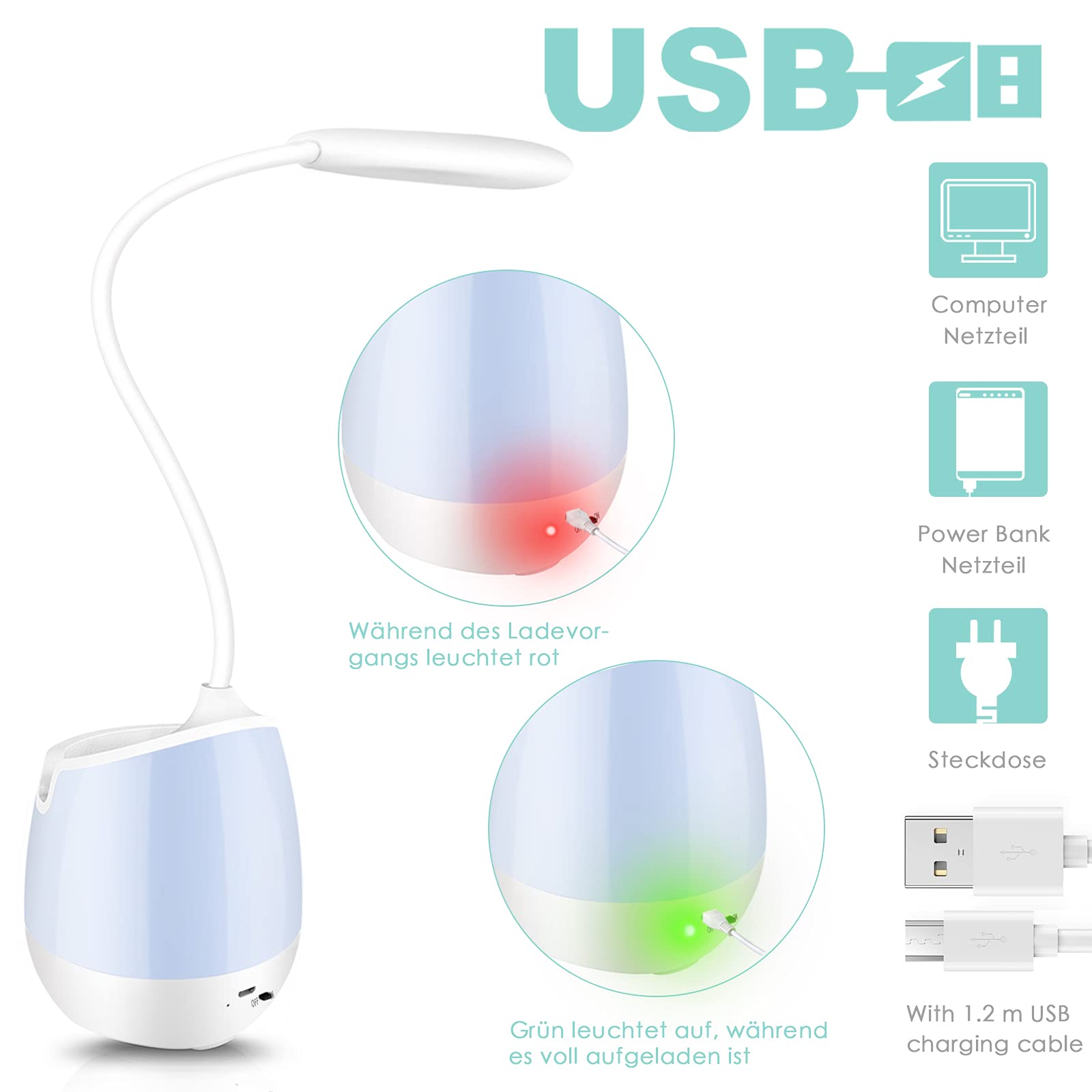 Shuniu - Lámpara de escritorio LED para niños, 360°, flexible, 20 LED, lámpara de mesa para estudios, lámpara de noche con 3 niveles de brillo, luz nocturna RGB con soporte para teléfono móvil